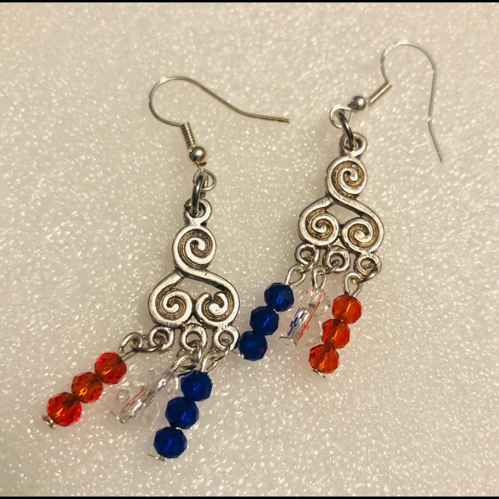 Red white blue Chandelier earrings, silver tone